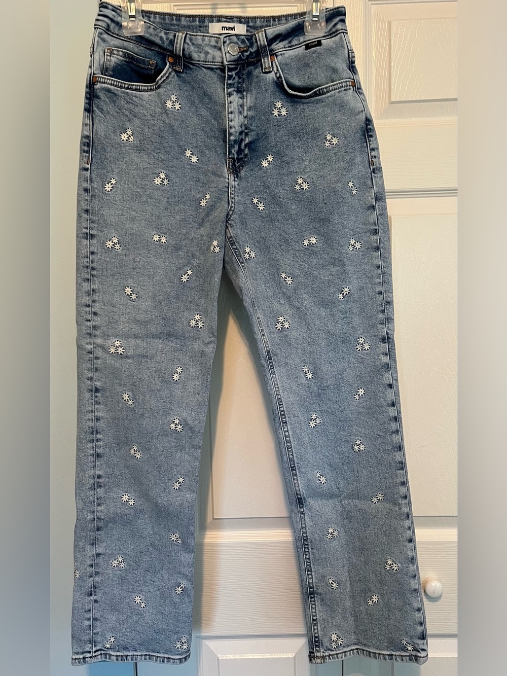 Mavi Light Blue Straight Leg Jeans with White Daisy Embroidery